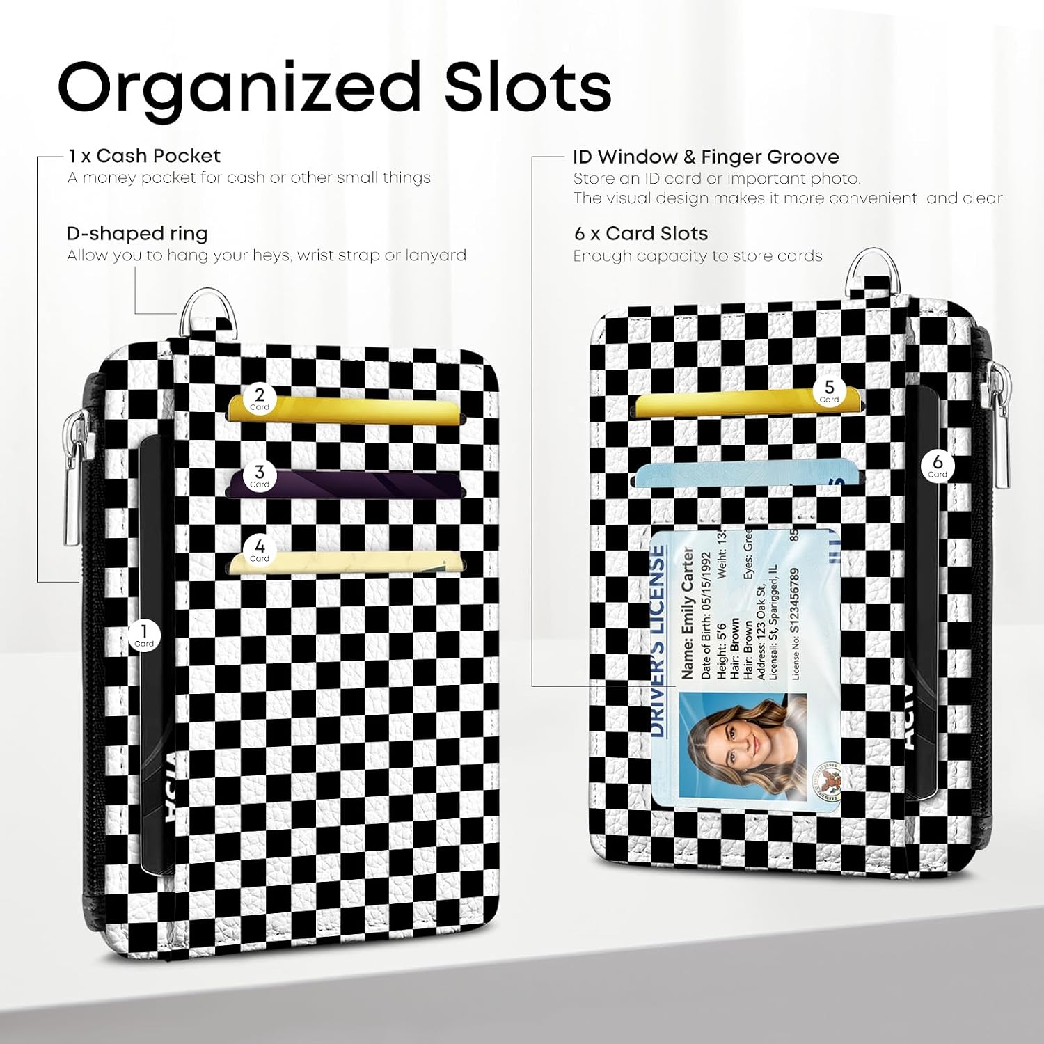 Black and White Checkered Pattern Credit Card Holder Small Wallet for Women, Slim RFID Wallet Front Pocket with Zipper Coin Pocket, Travel Thin Card Case with ID Window