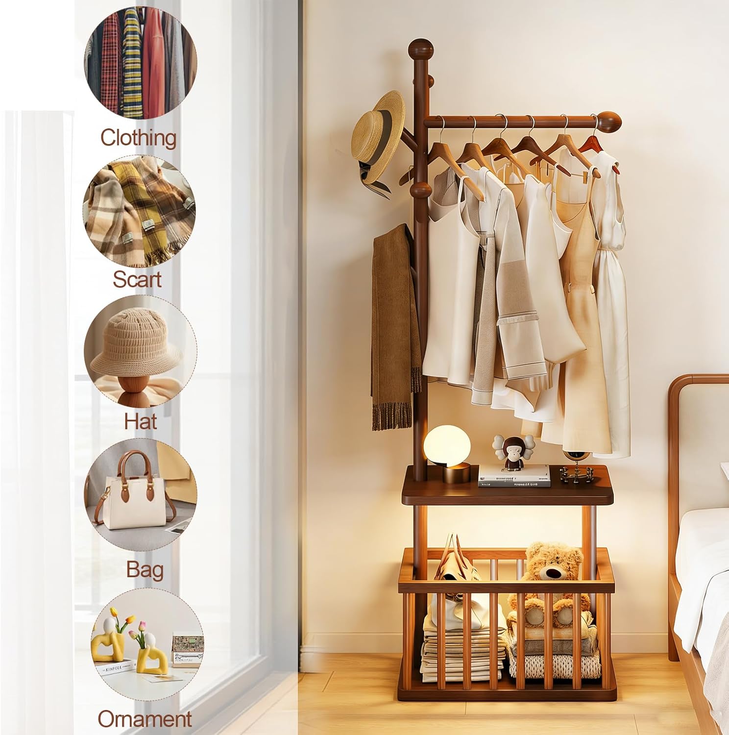 Solid Wood Coat Rack Clothes Rack, Coat Rack Freestanding with Storage Basket Heavy Duty Coat Tree for Entryway, Living room, Coat Hanger Stand for Hats, Bags Clothes