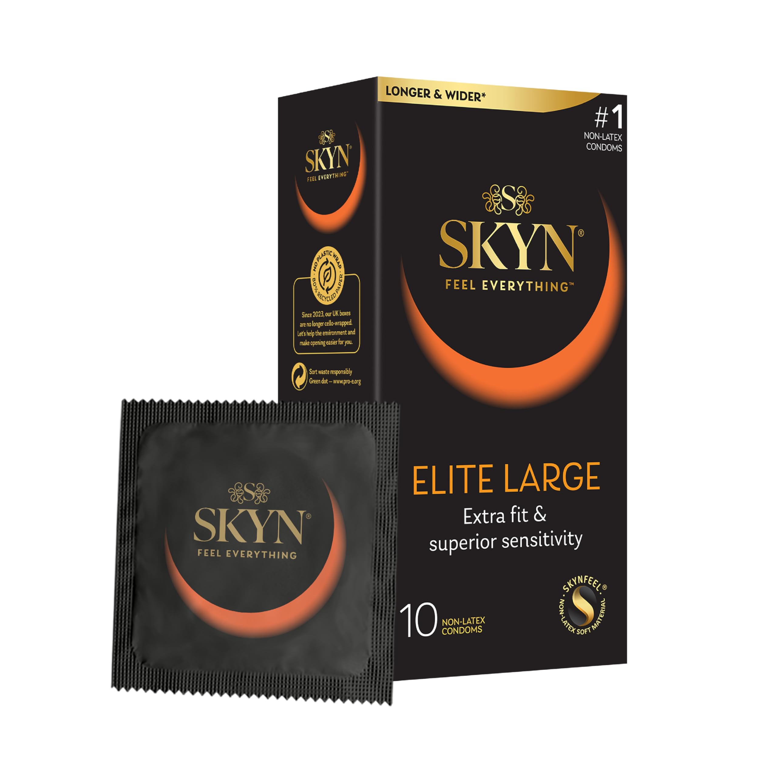 SKYN Elite Large (Pack of 10): Large Latex Free Condoms for Men, SKYNFEEL Technology, Smooth Surface, Lubricated, Longer and Wider, 56mm Nominal Width