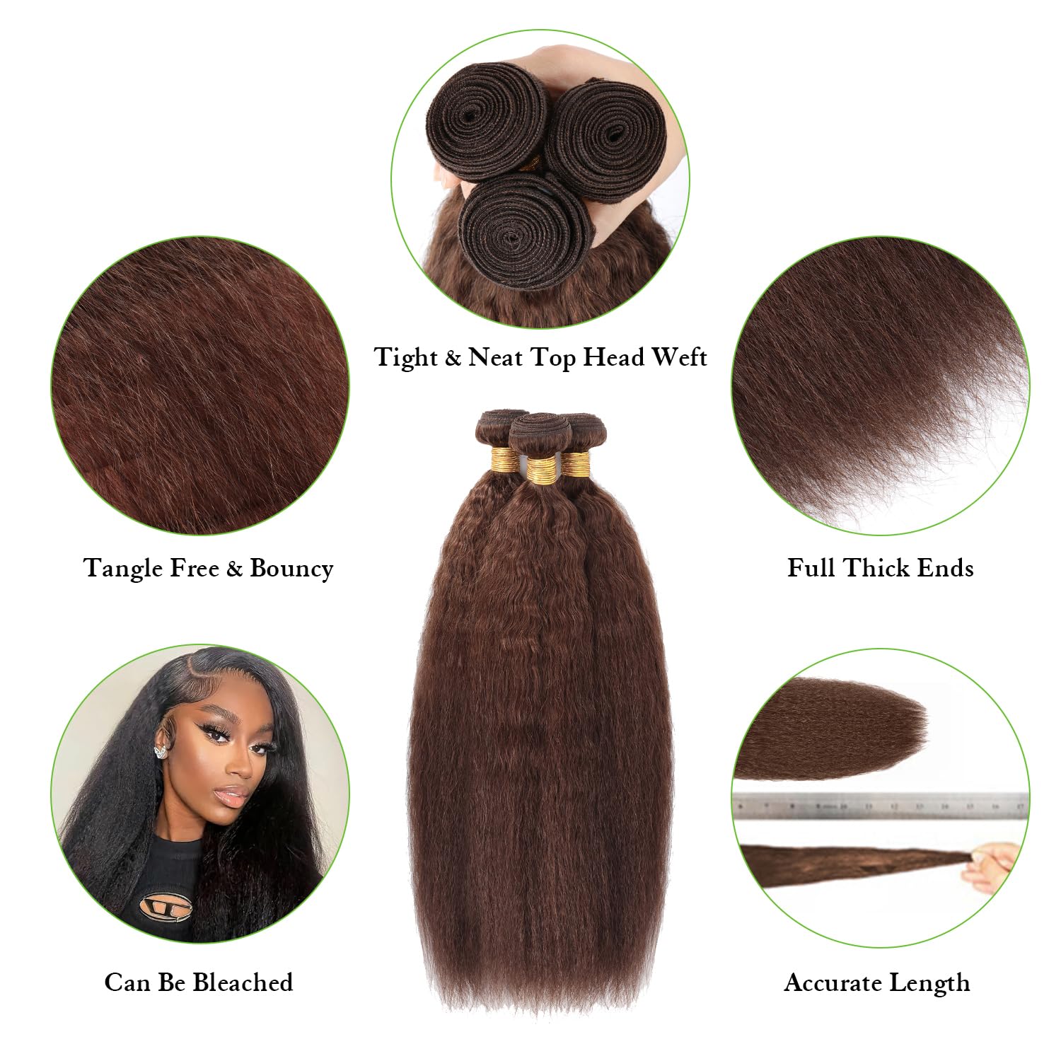 Kinky Straight Brown Yaki Straight Bundles Human Hair 3 Bundles 12 14 16 Inch Short Sew in Kinkystraight Human Hair Bundles Color 4 Unprocessed Brazilian Virgin Weave