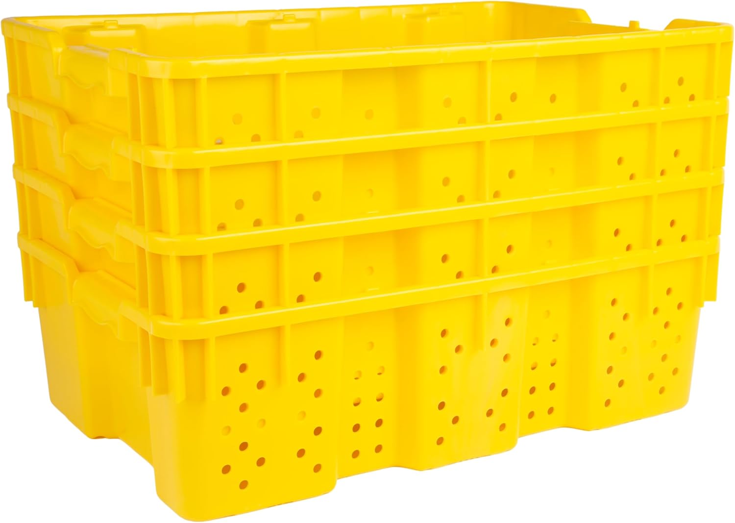 Hudson Exchange 24 x 16 x 7.3" (4 Pack, 7.5 Gallon) Agricultural Nest and Stack Vented Crate Handled Storage Container Tote, Yellow
