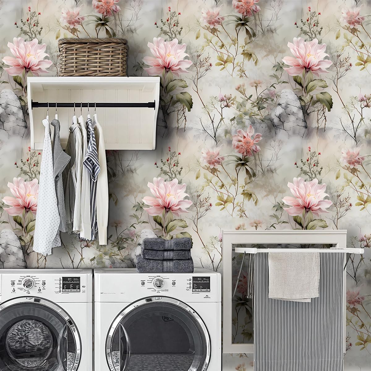 Pink Floral Wallpaper in Mist 17.71"x118.1" Peel and Stick Wallpaper Waterproof Vinyl Matte Wall Contact Paper Removable Self-Adhesive for Bathroom, Flower Room, Art Studio