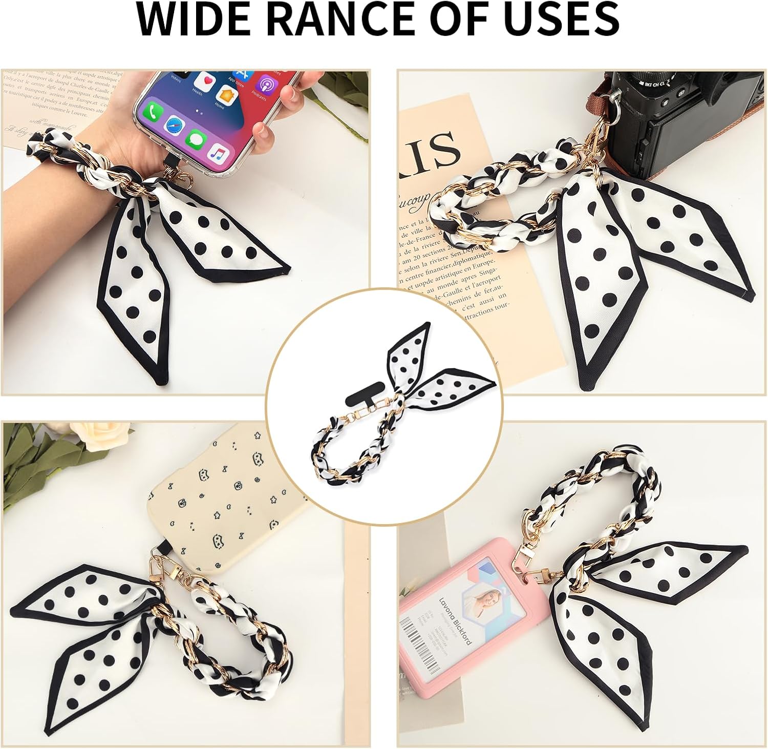 Phone Wrist Strap with Gold Metal Scarf and Universal Tether Tab, Aesthetic Print Design Ribbon Chain, Multi-Purpose Accessories for Bag Key Cellphone for Men Women Girls-Black Polka Dot image 3