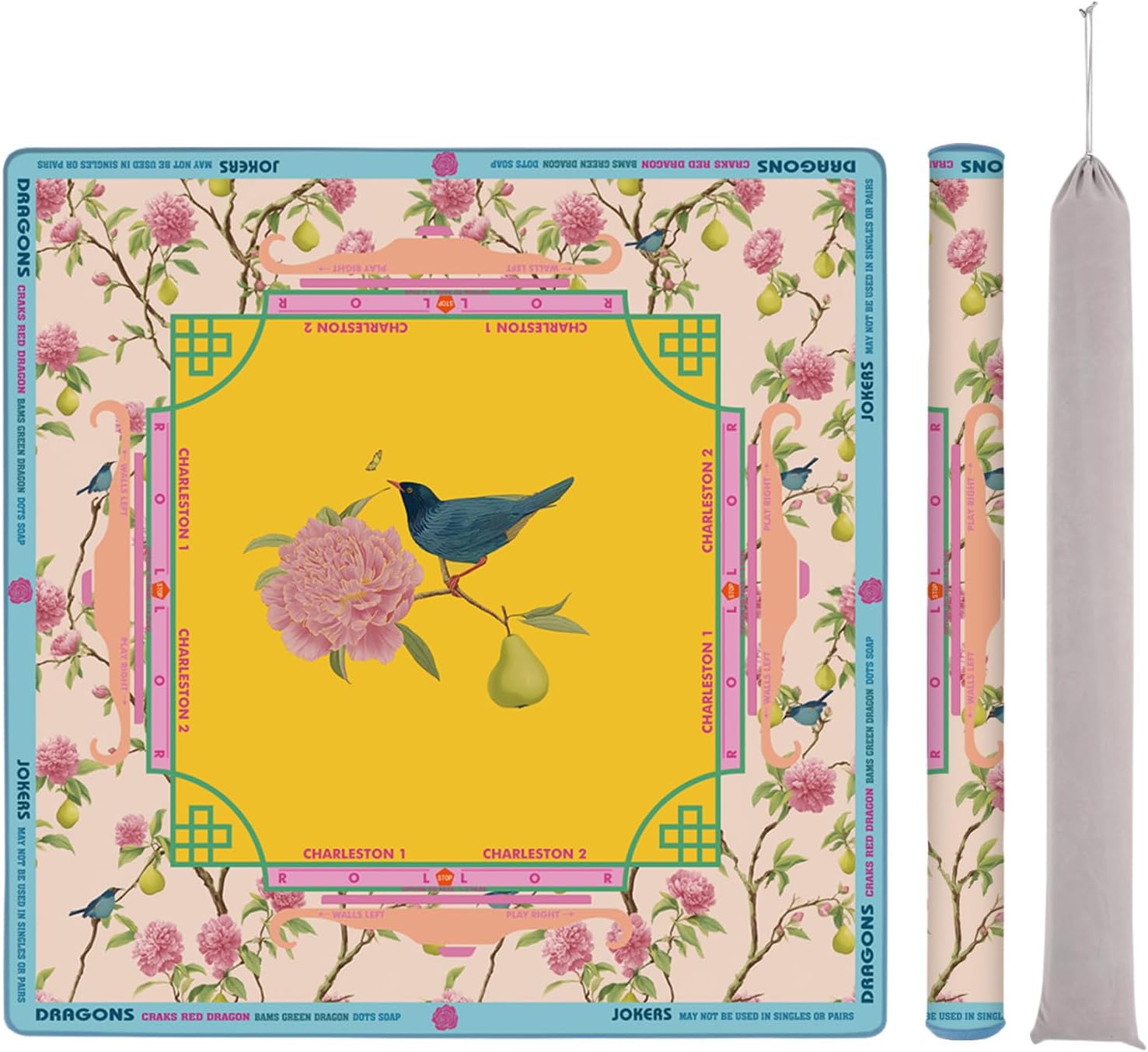 FUYIHGL® Rolled American Mahjong Mat with Rules - Mah Jongg Chinoise Bird & Floral Vintage Table Cloth - No Creases | 33" Neoprene | Anti Slip | Noise Reduce - Women Mother's Day Mahj Club Gift Ideas