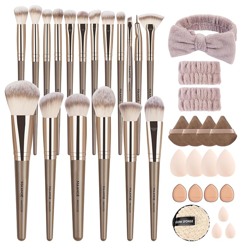 Kit de Pincéis de Maquiagem MAANGE com 38 Peças, Fibras Sintéticas, Esponjas e Acessórios, Champagne