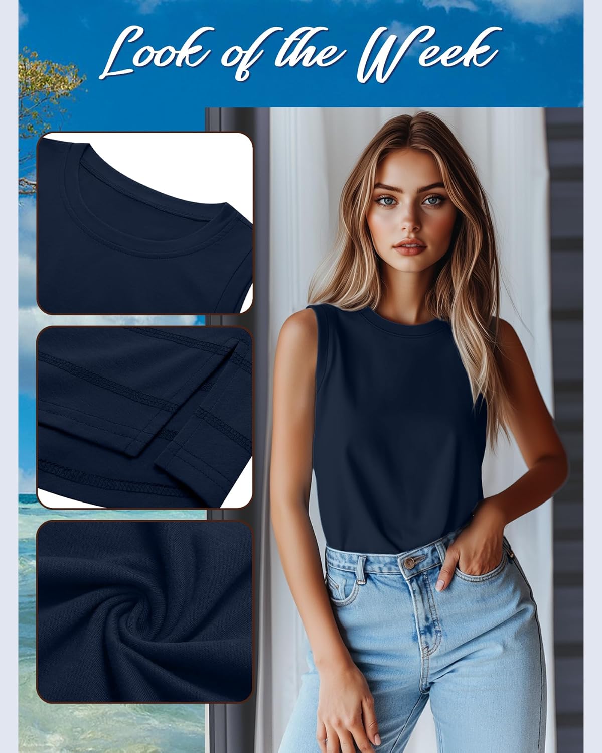 Ficerd 3 Pack Women's Cotton Tank Tops Sleeveless Crew Neck Summer T-Shirts Side Curved Hem Loose Casual Blouses(Black, Navy Blue, Fuchsia,M) - Image 5