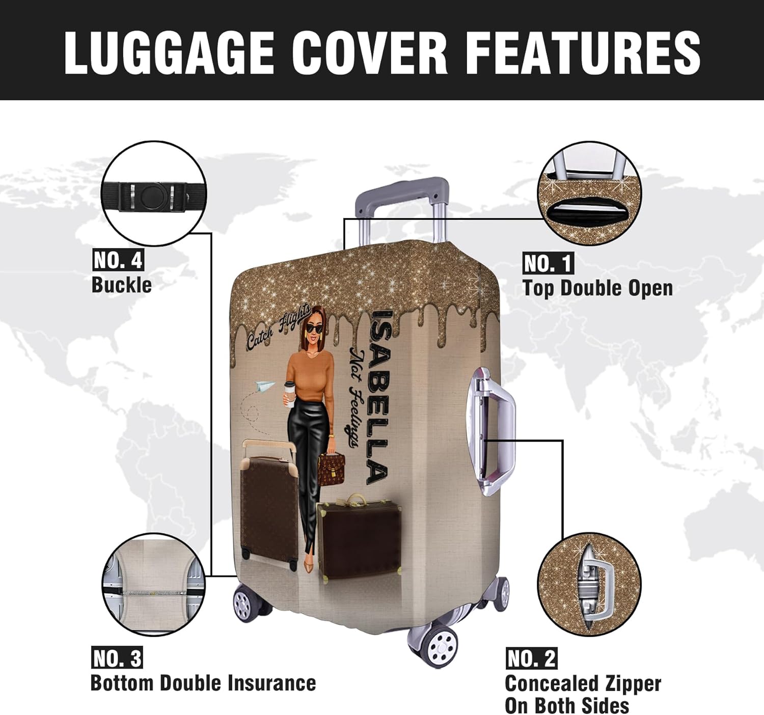 Personalized Woman with Name Catch Flights Baggage Bling Luggage Cover Protector Travel Bag Covers Suitcase Cover Travel Bag Covers Gift for Girl Traveling Lovers 114