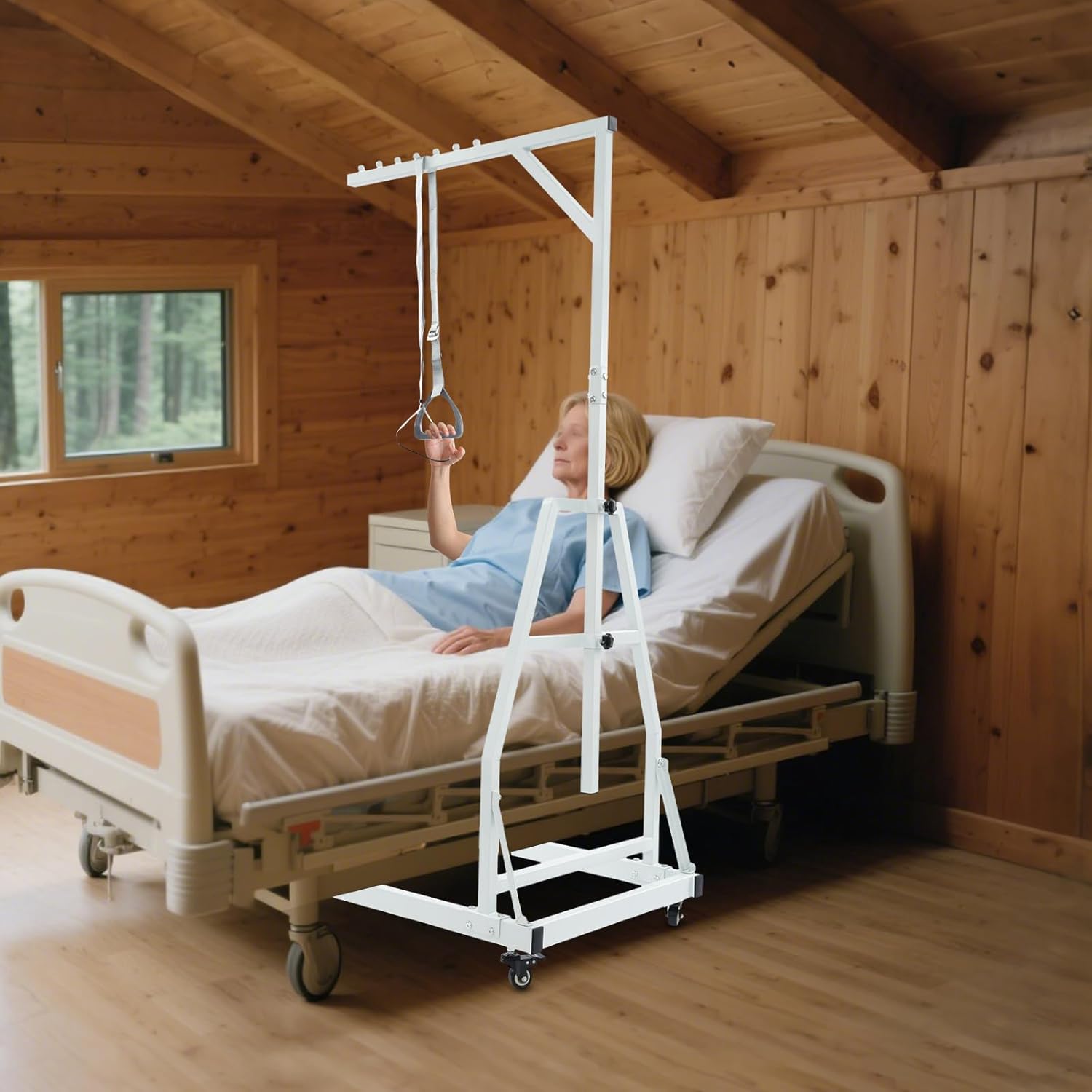 Cashewnuts Bed Trapeze, 75" H Trapeze Bar for Bed Mobility Heavy Duty Pull Up Assist Bar with Wheels Hospital Triangle Pull Up Stand, Height Adjustable, Hold Up 330.69lbs (White)