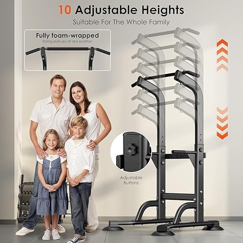 Miniatura 5 de Torre de potencia multifuncional para gimnasio en casa: estación de dominadas y inmersión ajustable con capacidad de 400 libras, equipo de Negro