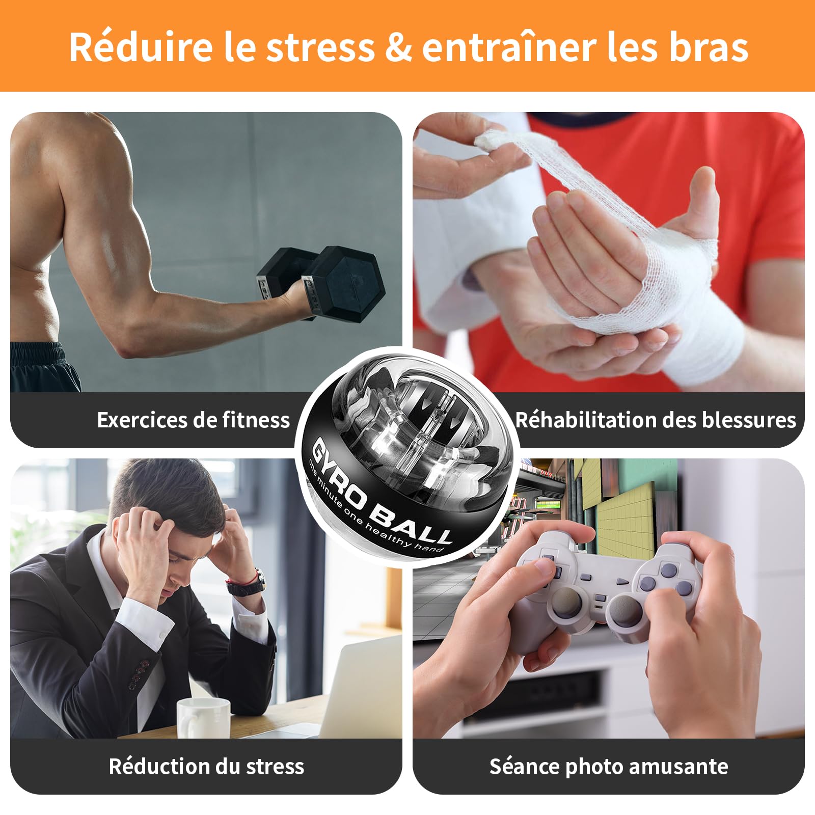 PiPiCat Gyroball Appareil d'exercice pour bras de fitness et balles de poignet anti-stress Cœur en métal Éclairage automatique et silencieux 6 vitesses et couleurs vives + sac à balles