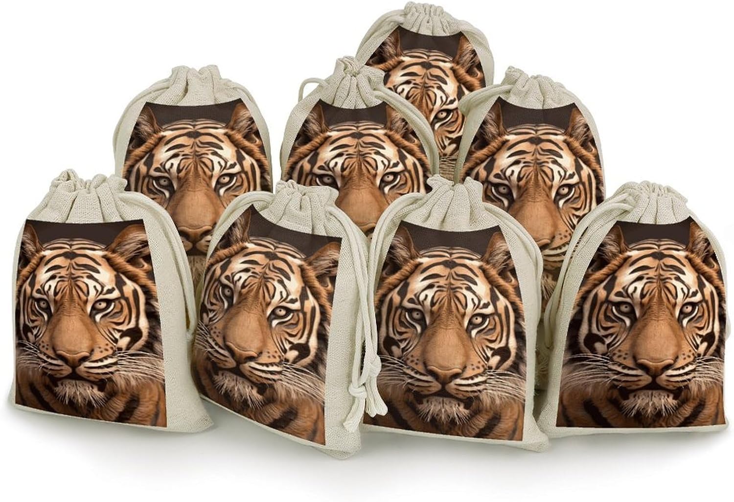 FekiLoot 3D Tiger Head Cotton Linen Drawstring Bags Pack of 8