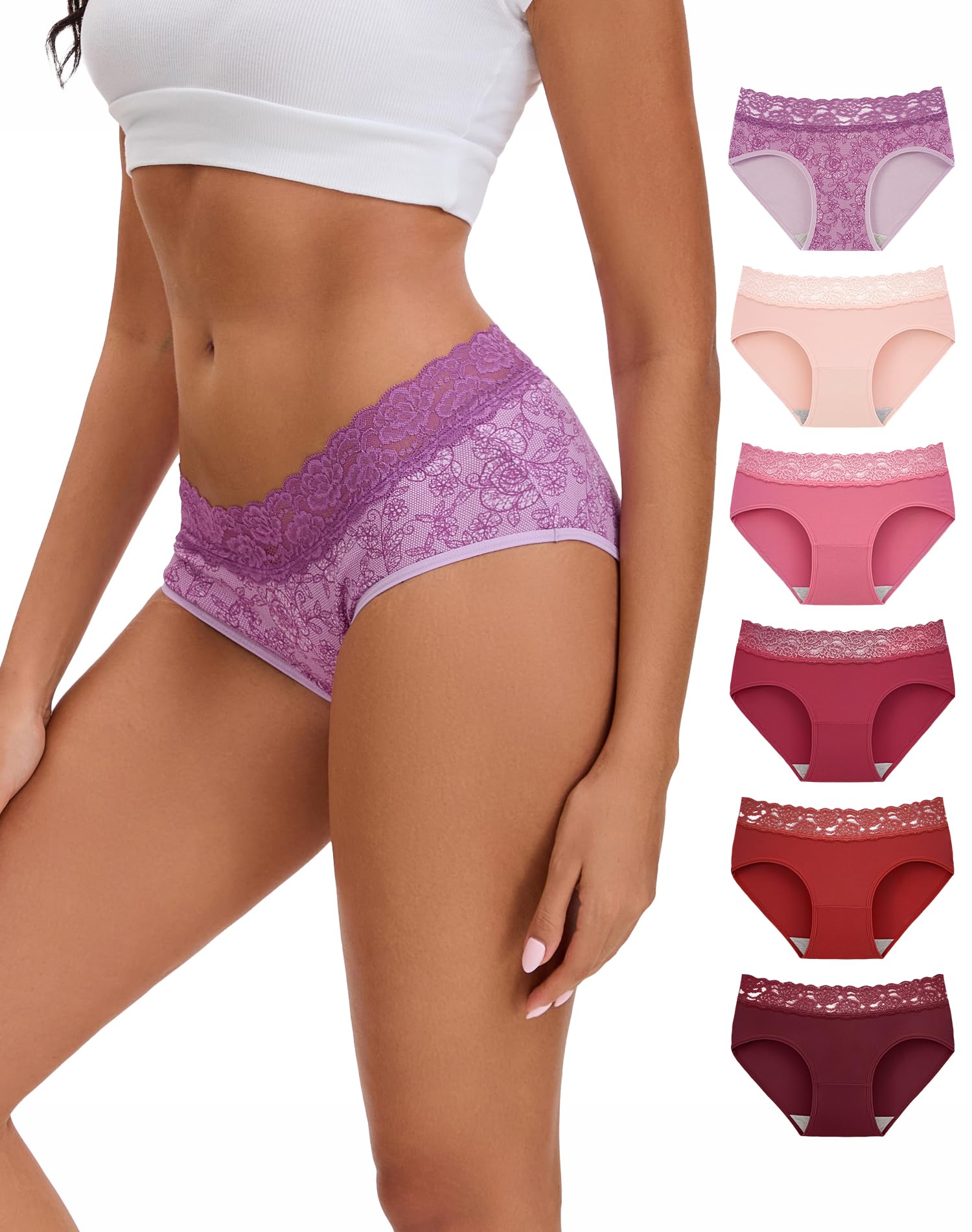 INNERSY Unterhosen Damen Baumwolle Slips mit Spitze Bequeme Hipster Unterwäsche Mehrpack 6