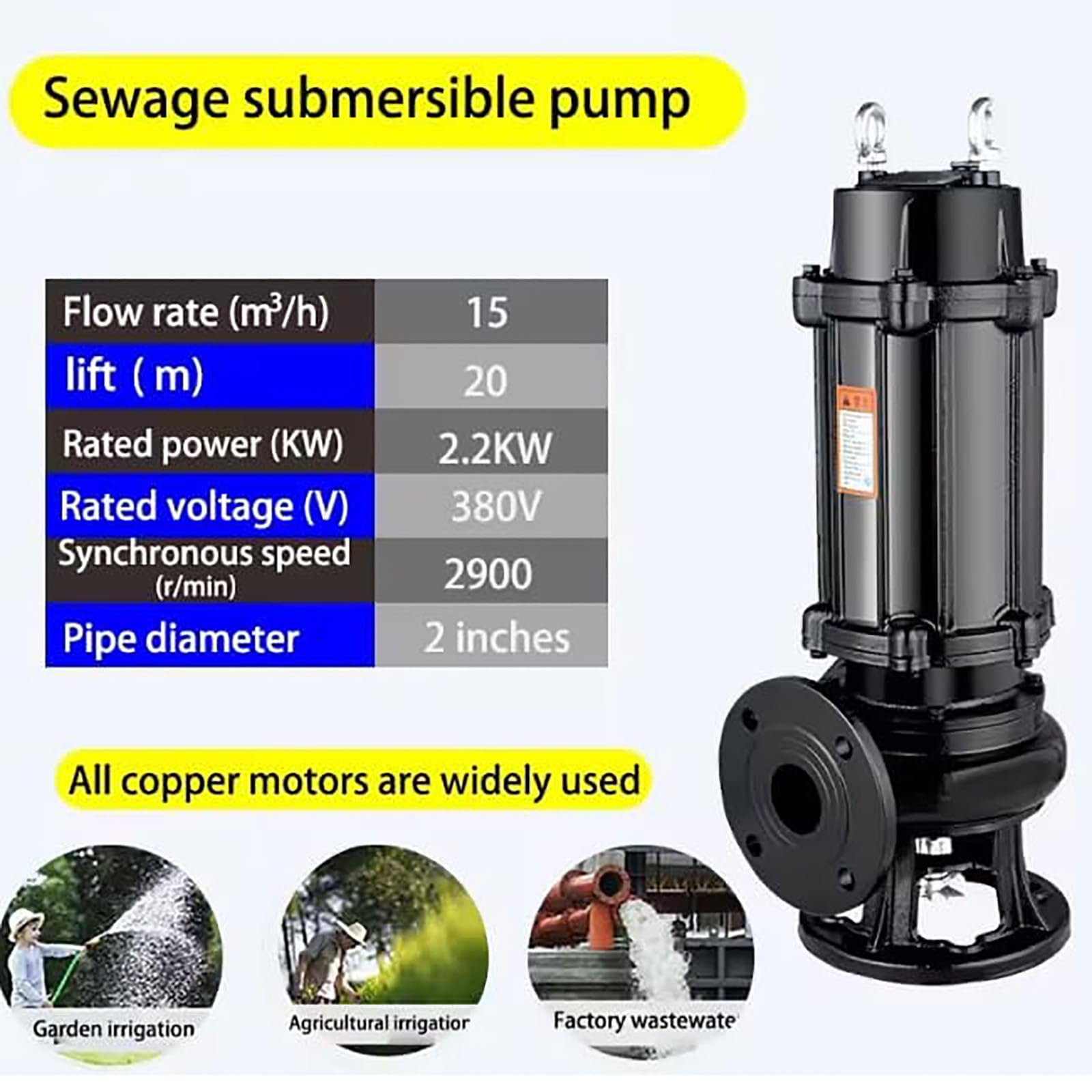 Bomba sumergible de aguas residuales, antiobstrucción, flujo grande/cabezal alto para sótanos, jardines, estanques, obras de construcción, control de inundaciones, drenaje, 3 kW