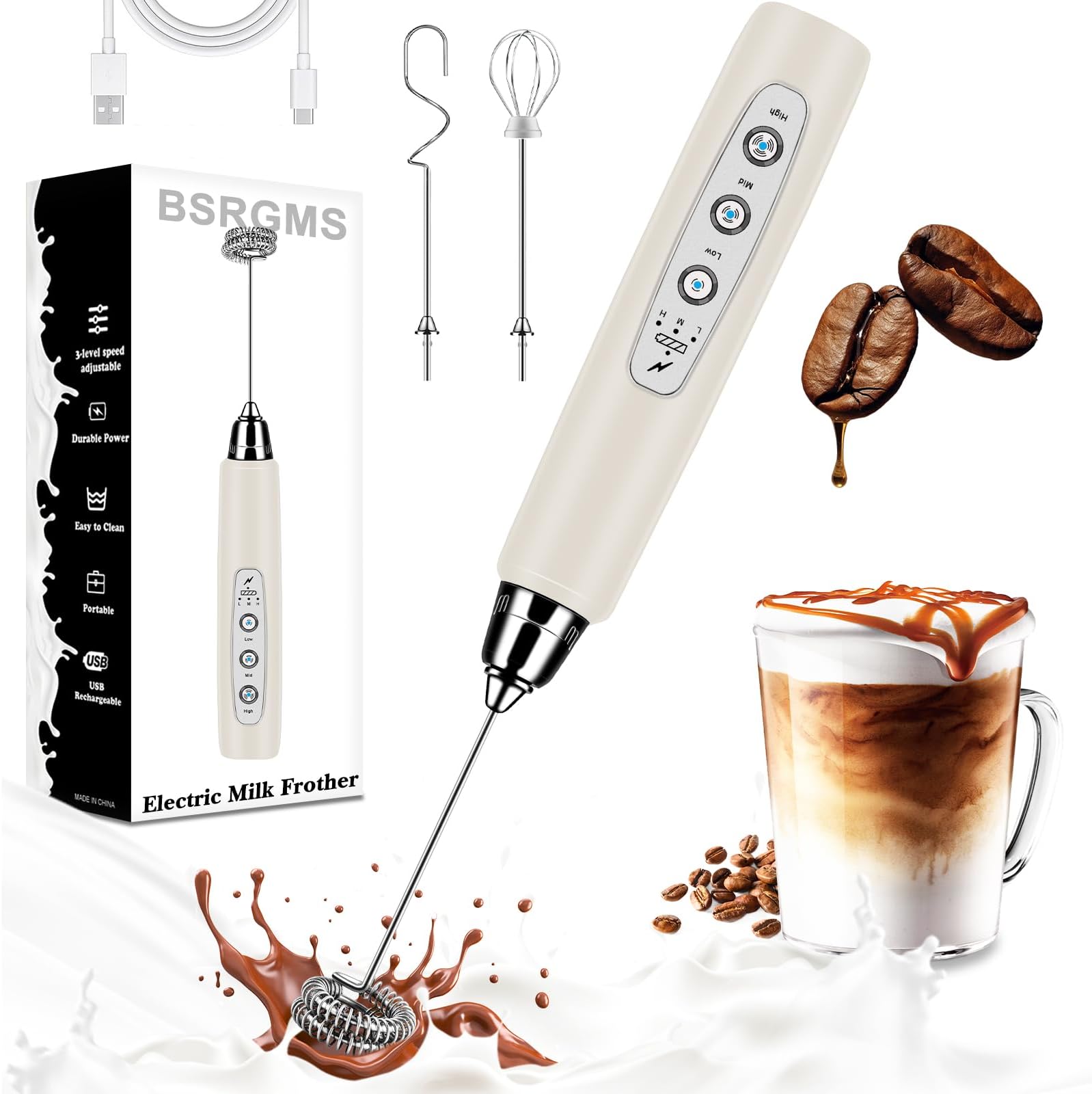 Milk Frother Handheld for Coffee, Electric Whisk 3 Speed Adjustable, Drink Mixer with Stainless 3 Whisks, Rechargeable Hand Frother Wand, for Latte Cappuccino Hot Chocolate Egg Beige (Beige)