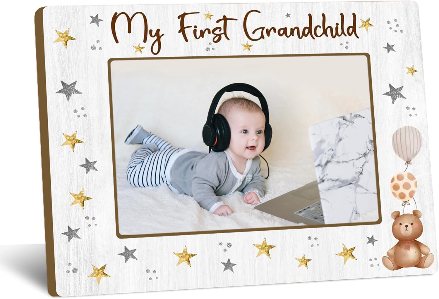 My First Grandchild Picture Frame, Grandkids Wooden Photo Frame with Wooden Stand, Love Gifts for Grandma Nana, Newborn Baby Gift for Grandparents, Home Office Tabletop Display Decorations