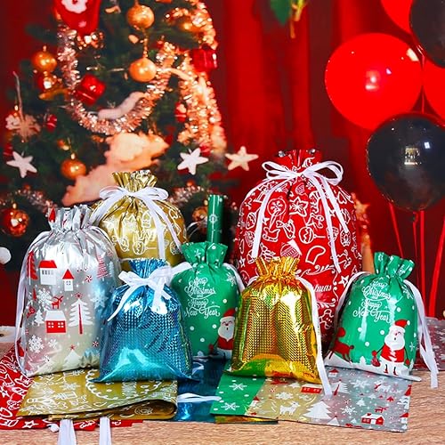 Miniatura 26 de HRX Package 50 bolsas de regalo de Navidad, 5.8 x 9 x 2.4 pulgadas, con cordón para dulces, galletas y regalos Rojo