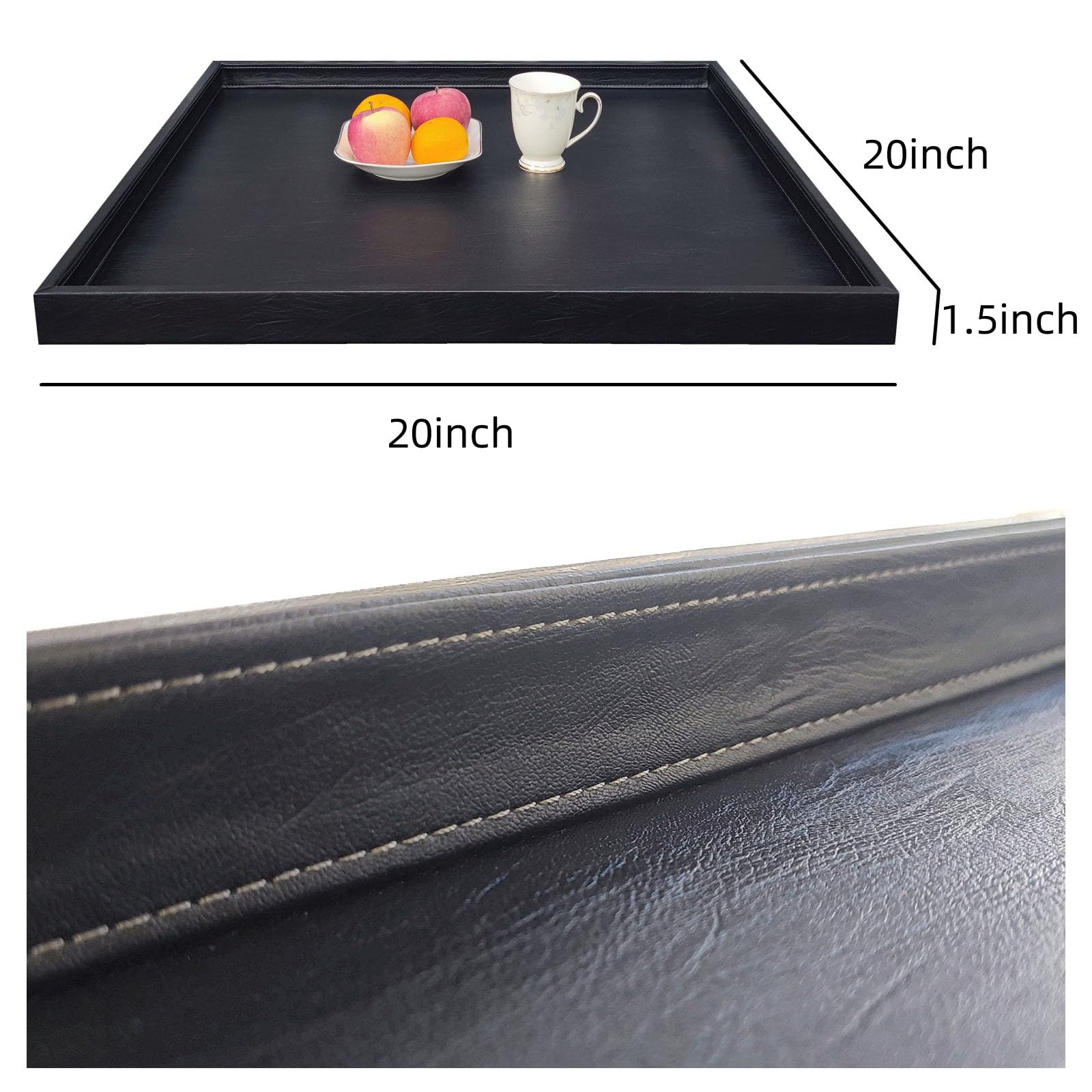Quadratisches Ottoman-Tablett, 50,8 x 50,8 cm, Kunstleder, großes Serviertablett für Couch/Couchtisch, Familienessen, Picknick, Party-Dekoration (schwarz)