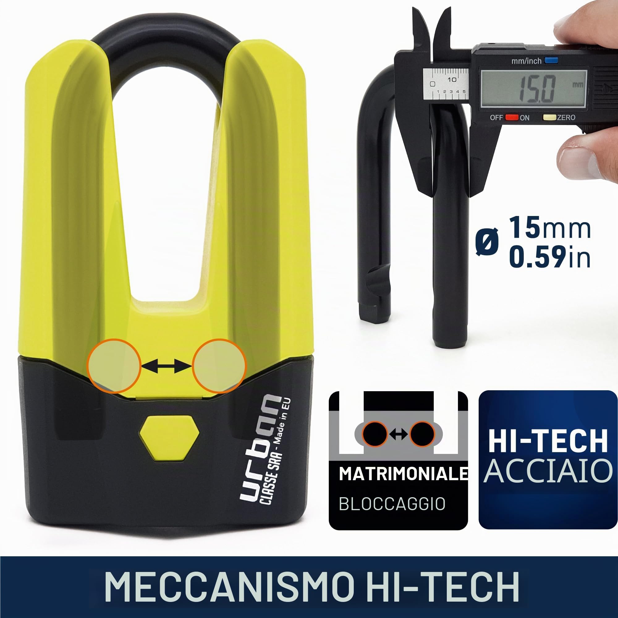 URBAN U9DY Luccheto Mini U Bloccadisco Moto Omologato SRA, Massima Sicurezza Completamente Testato, Arco ø15 Doppia Chiusura, Serratura ad Alta Sicurezza, Antifurto Universale per Moto Scooter