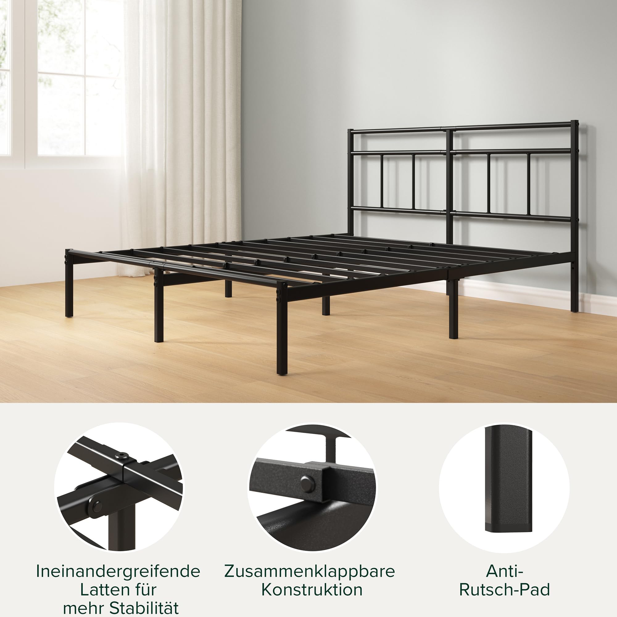 Zinus Elias Bettgestell 140x200 cm mit Vintage Kopfteil - Metallbett 140x200 mit Metall-Lattenrost - 30 cm Hohe Plattform mit Freiraum Darunter - Kein Boxspringbett Erforderlich - Schwarz