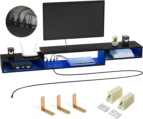 FABATO Soporte de TV flotante de 71 pulgadas con toma de corriente de luz LED, estante flotante para soporte de pared debajo del televisor con