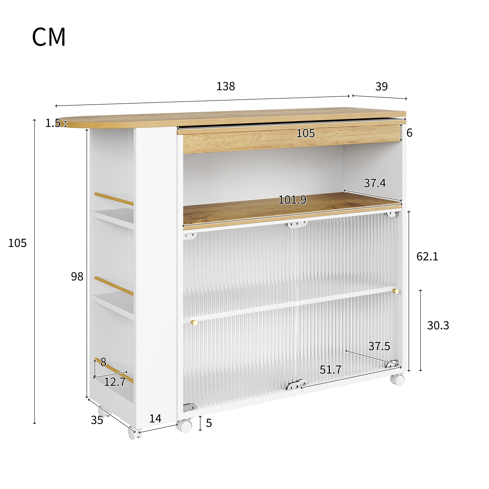 Ausziehbarer Bartisch mit Stauraum, moderner teleskopischer Bartisch auf Rollen, beweglicher Stehtisch/Bistrotisch, Hochtisch mit Schiebetüren, Kücheninsel Bar Table 138–204 x 39 x 105 cm (Weiß)