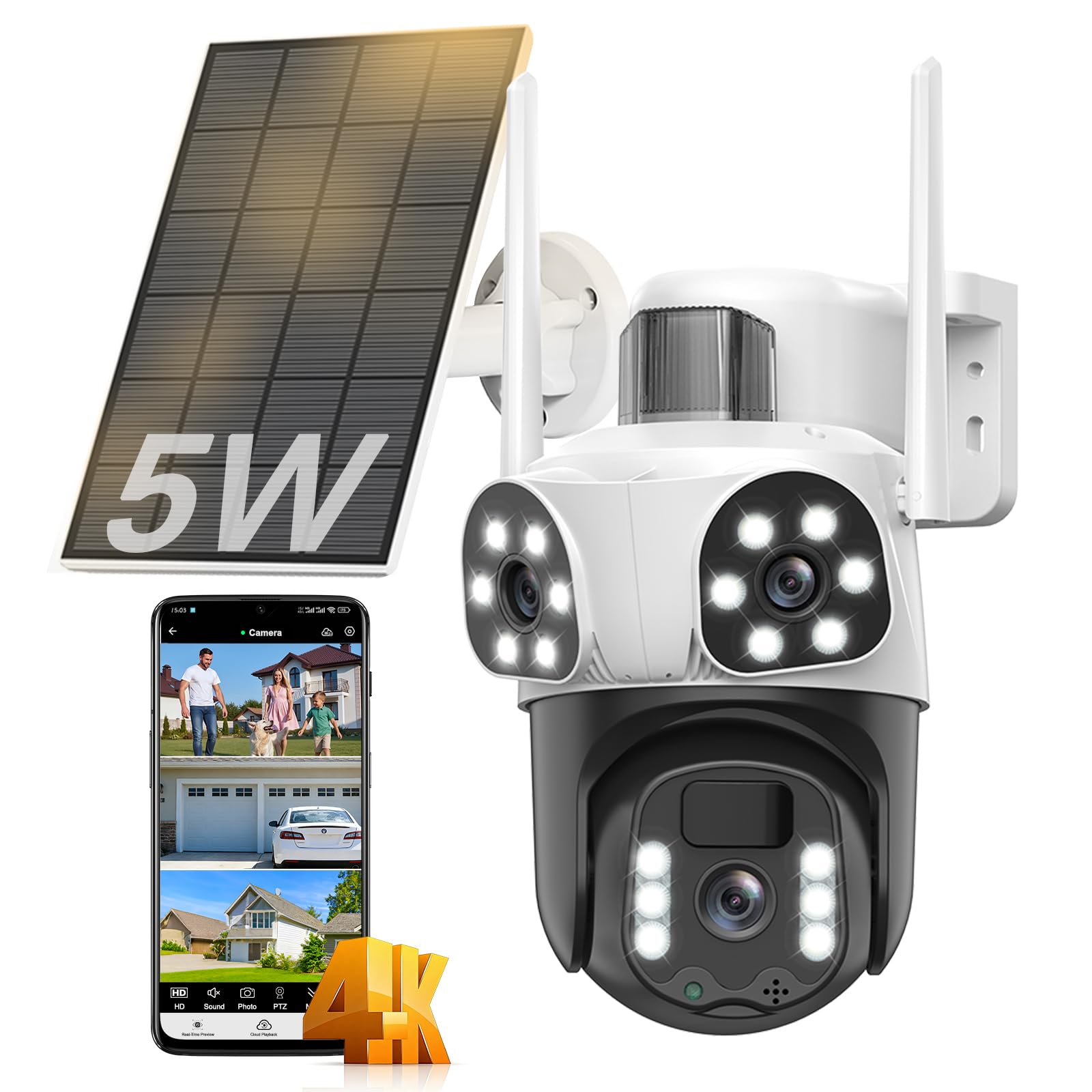 4K Triple Lente Camara Vigilancia WiFi Exterior con Panel Solar,Detección Humana PIR,Visión Nocturna en Color, Audio Bidireccional, Seguimiento Automático,Sirena,IP66,2.4G/5GHz,360°PTZ,IP66