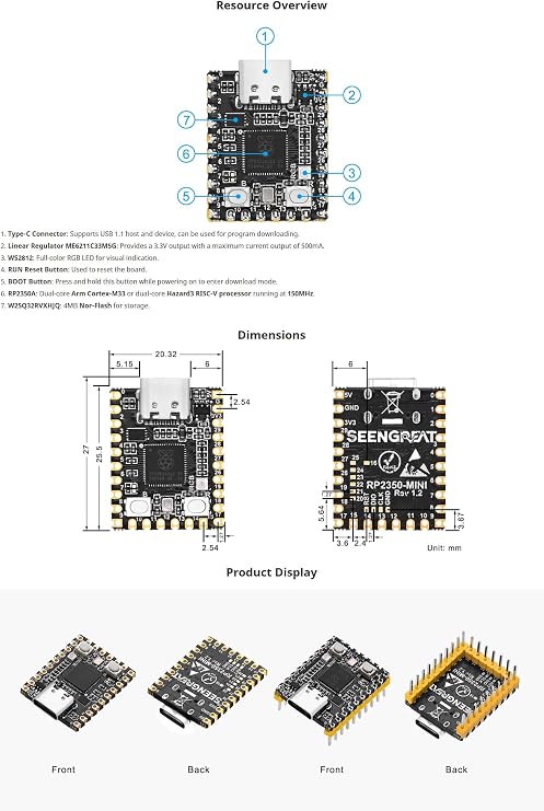 RP2350-MINI Development Board with Pi RP2350A Dual-Core Dual-Architecture Microcontroller, Compact PCB, USB-C, GPIO Access, Ideal for DIY & Embedded Projects with Pre-soldered Pinheader