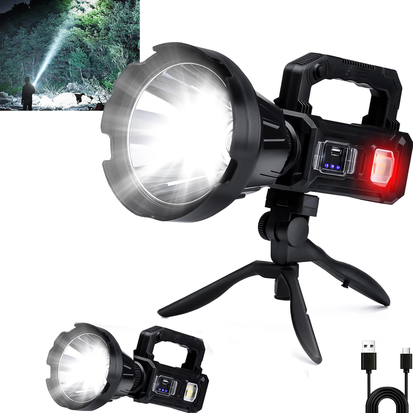 Rechargeable Handheld Spotlight, High Lumens Super Bright LED Solar & Battery Powered Spot Light with 6 Modes, 3 Color Lenses, COB Side Light, USB C, Waterproof for Outdoor Emergency Hunting