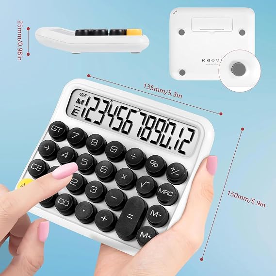 MT21 Hesap Makinesi 12 Haneli Mekanik Tuşlu Büyük LCD Ekranlı Eski Daktilo Tarzı (Beyaz)