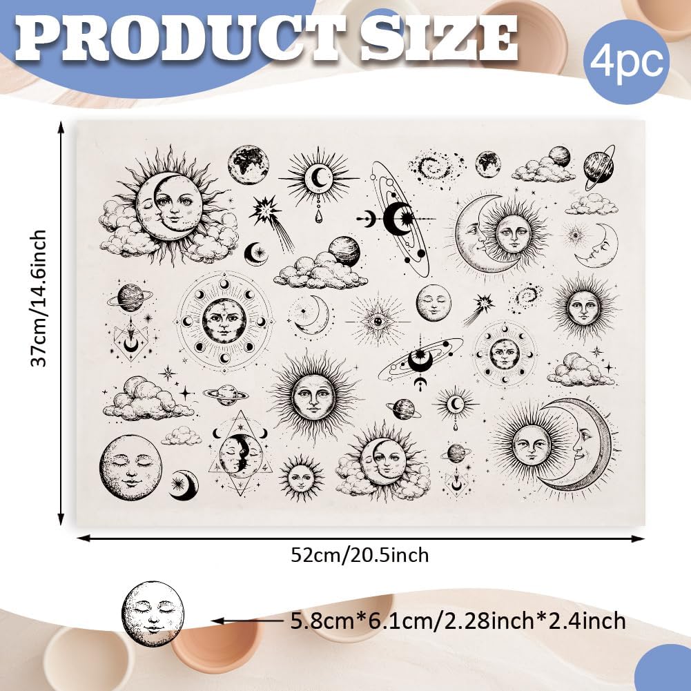 PLIGREAT 4 Pcs Sun and Moon Underglaze Transfer for Pottery, 20.5x14.6in Ceramic Clay Transfer Paper Vintage Ceramic Tile Decals Black Under Glaze Transfers for DIY Handicraft Supplies image 2