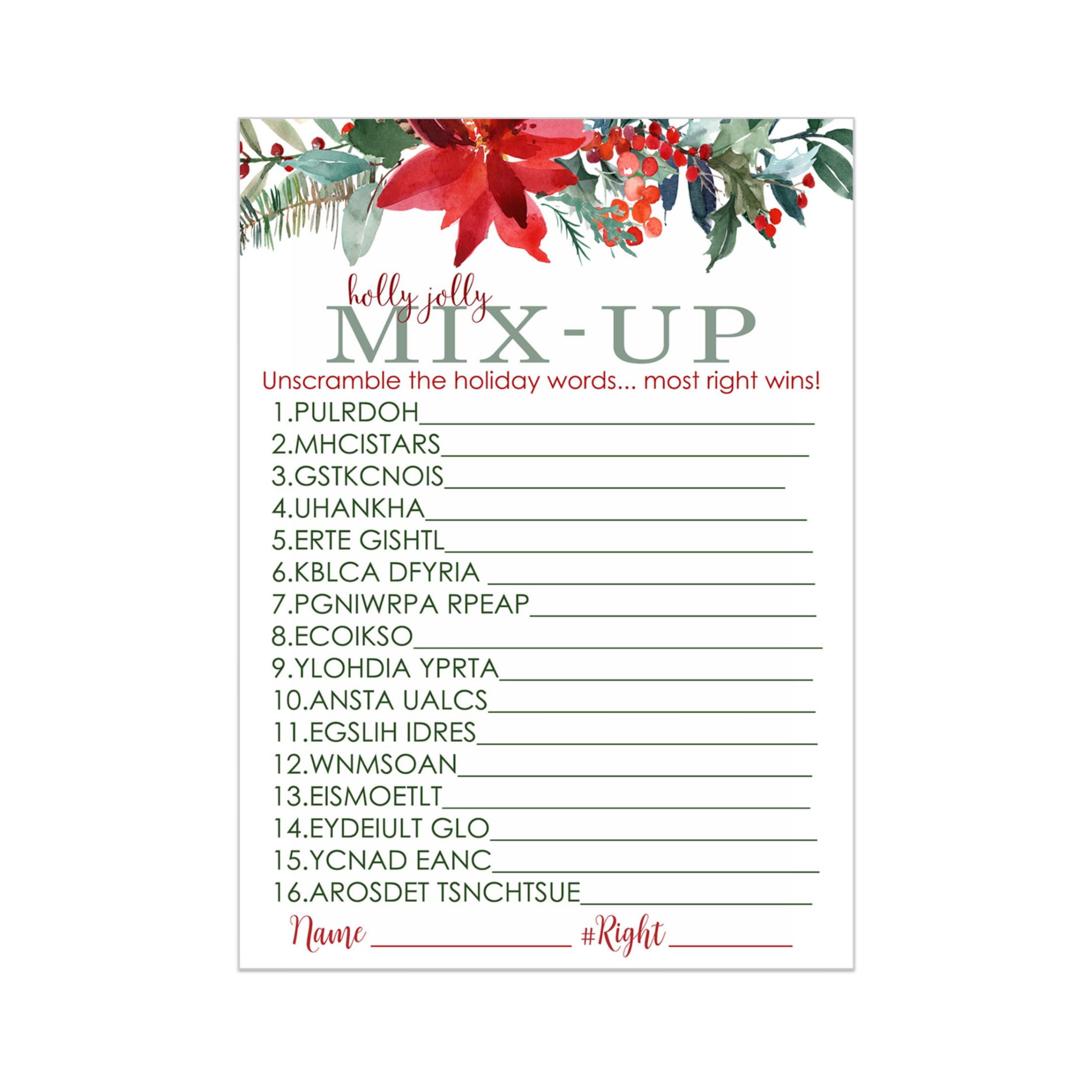 Paper Clever Party Rustic Christmas Word Scramble Game Cards Pack of 25 - Unscramble Activity for Adults, Kids, Groups and Coworkers – Holiday Floral Event Theme Supply – Printed 4x6 Size Set -