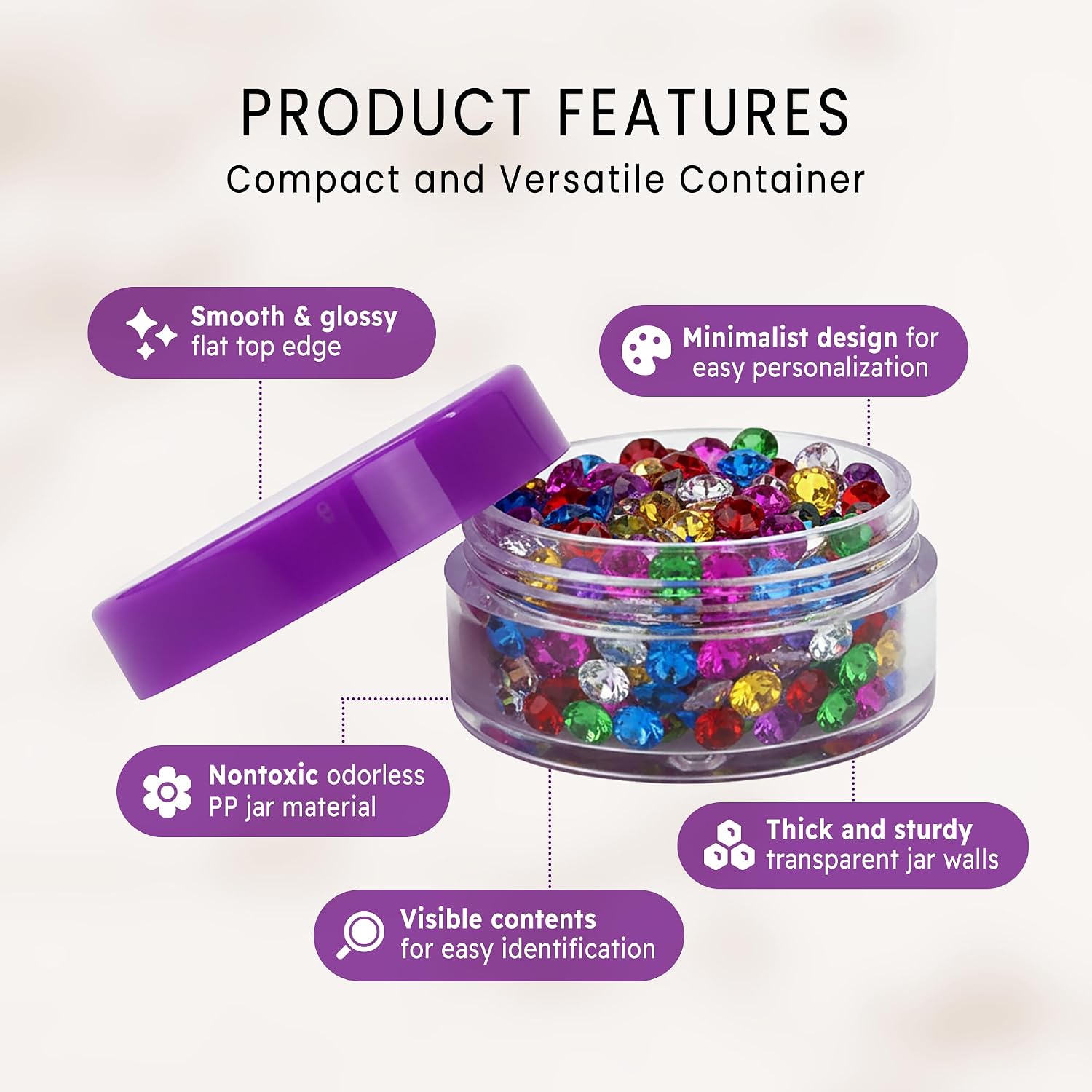 (Quantity: 1000 Pieces) Beauticom® 10G/10ML Round Clear Jar with Purple Lids for Pills, Medication, Ointments and Other Beauty and Health Aids - BPA Free