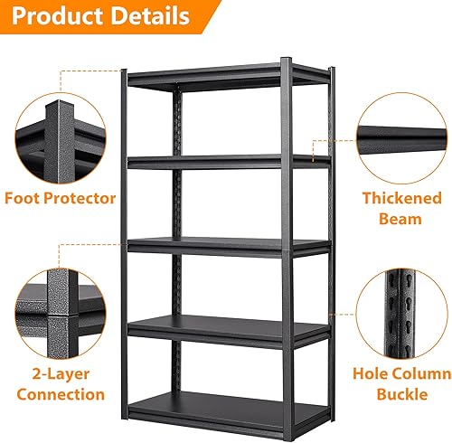 Miniatura 5 de LISSIMO Estantería de metal de 5 niveles, estantería de garaje, carga resistente, 2000 libras, estantes de almacenamiento ajustables para almacén,