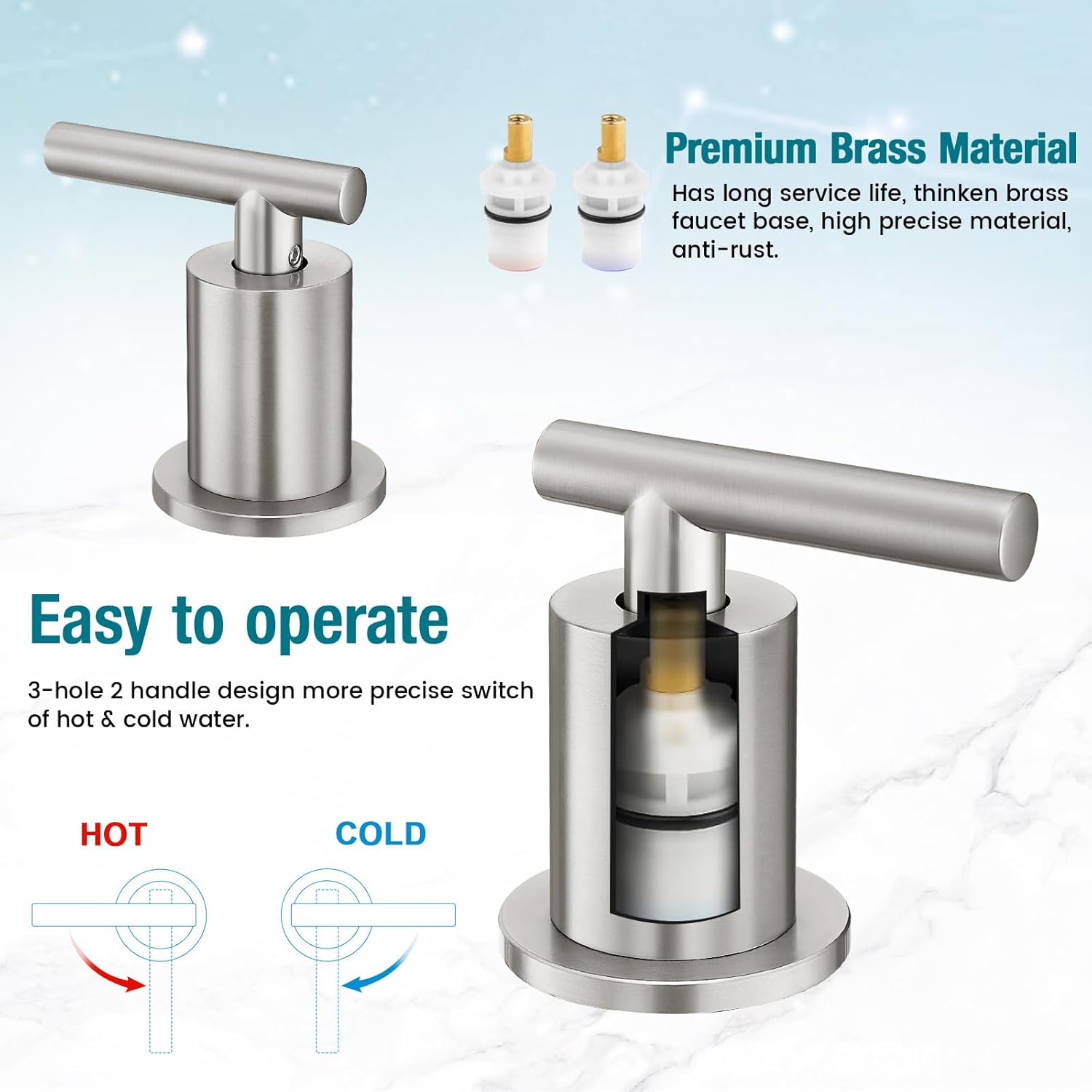 Brushed Nickel Bathroom Faucet 3 Hole, 8 Inch Widespread Bathroom Faucets with Pop-up Drain, 2 Handle Bathroom Sink Faucet, Modern Vanity Faucet for Bathroom Sink with 360° Swivel Spout