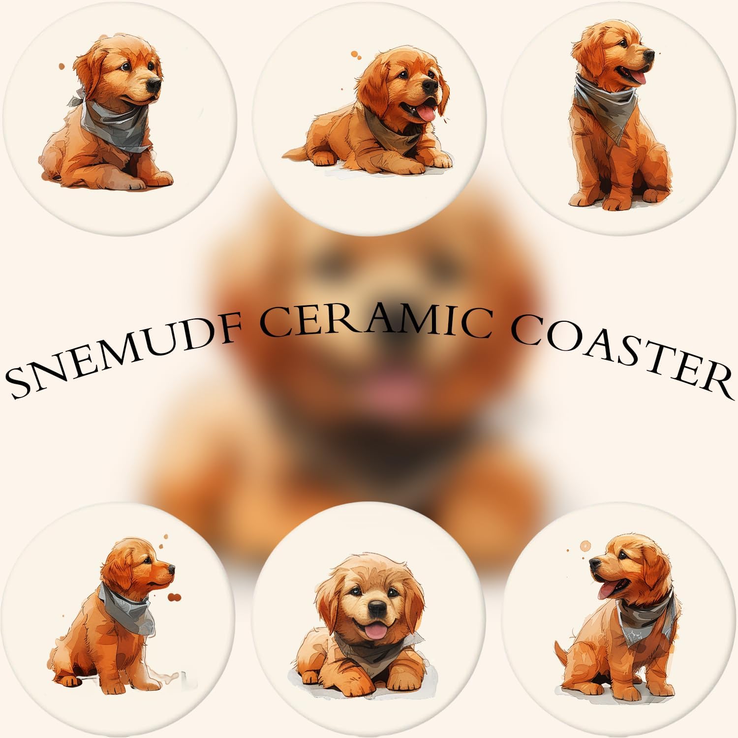コルクベース付きラウンドセラミックストーンコースター(ゴールデンレトリバーの子犬)6個セット