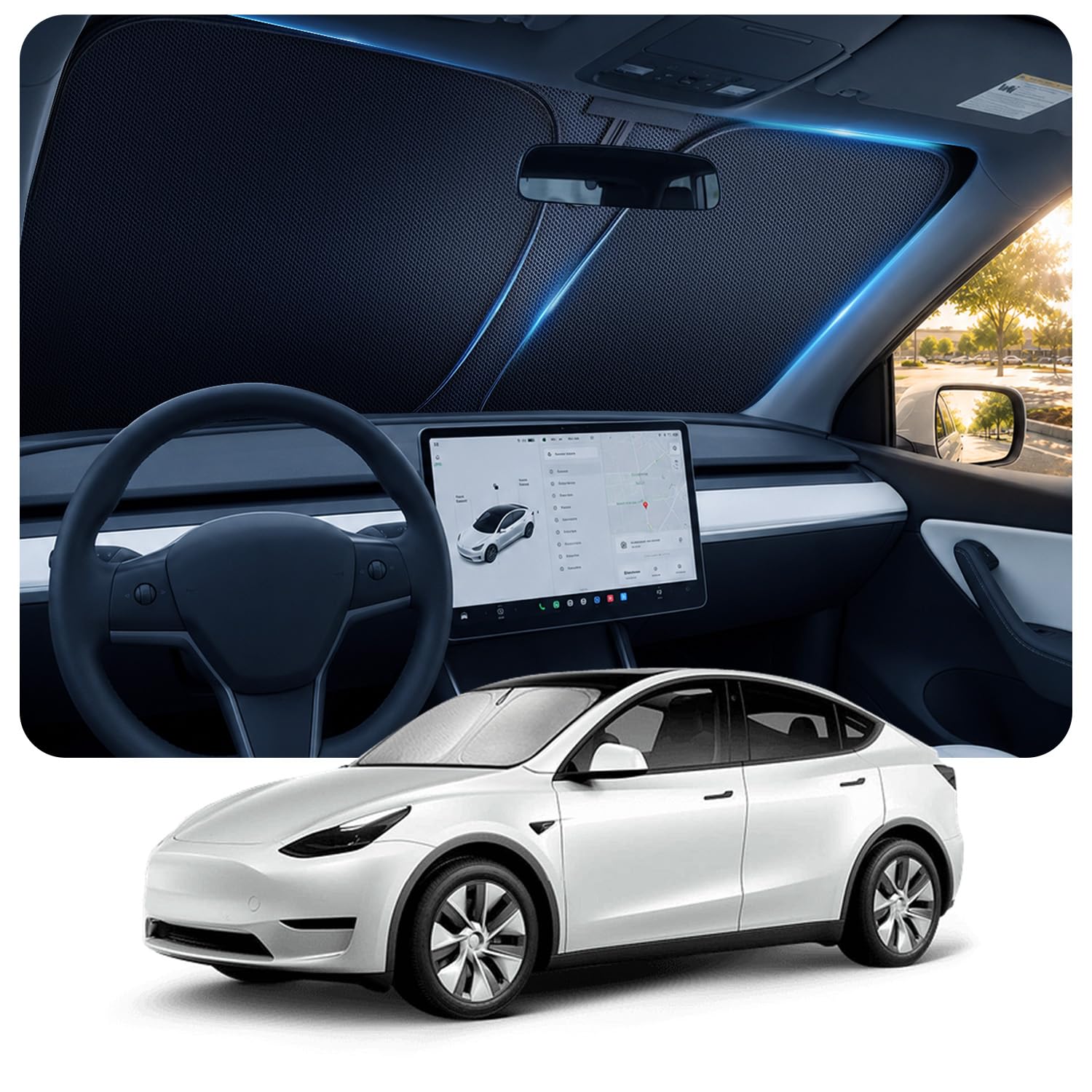 Photo 1 of [2026 Upgraded] DooGooCoo Windshield Sun Shade for Tesla Model Y & Model 3 2017-2026 [Cooling Ice-Crystal, 100% Sun Block] Sunshade for Car Windshield for Tesla Model 3 Sunshade Model Y Sunshade.