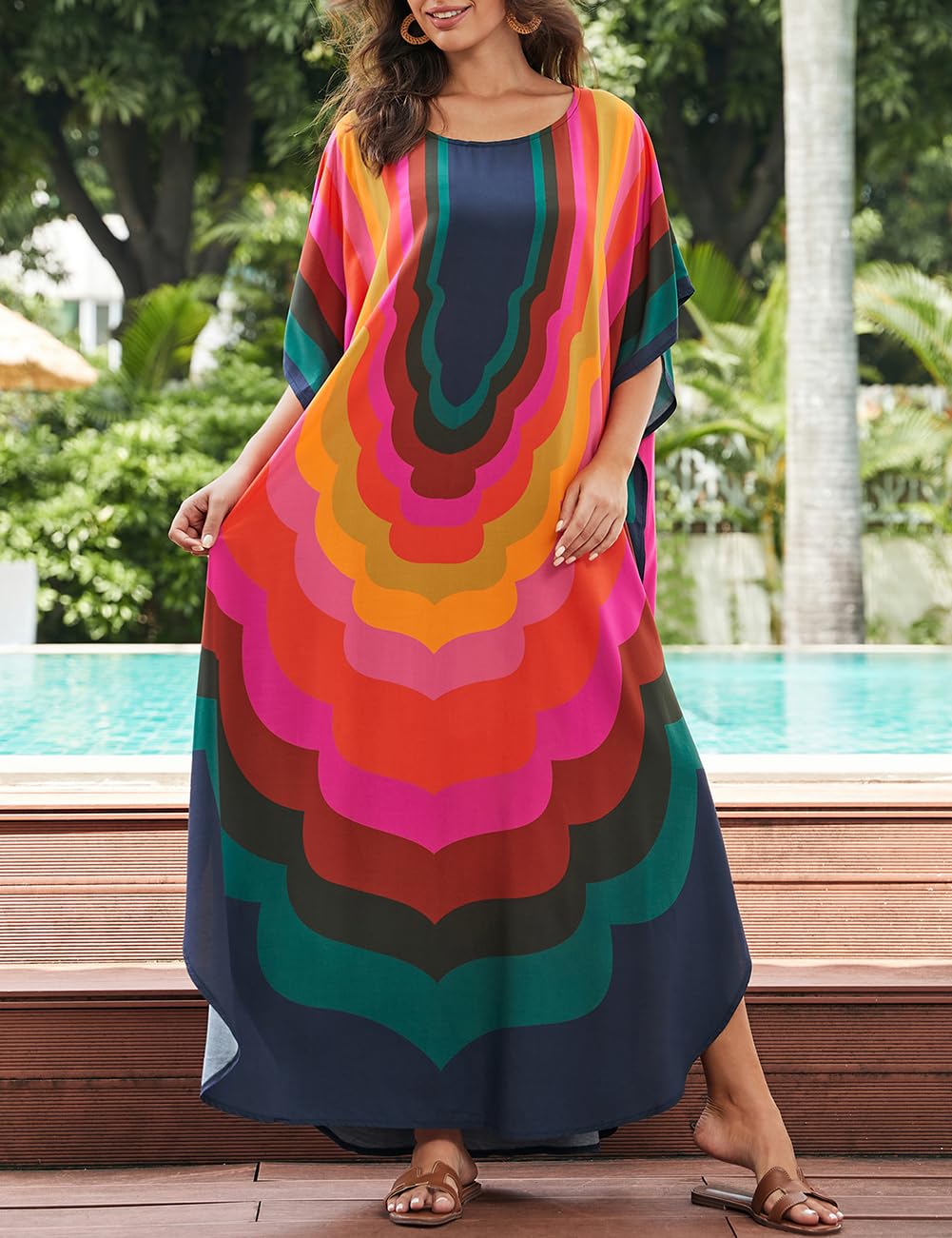 Bsubseach Vestido de playa para mujer, caftán turco, largo, para cubrir el traje de baño, A-colorido Geometría, Talla única