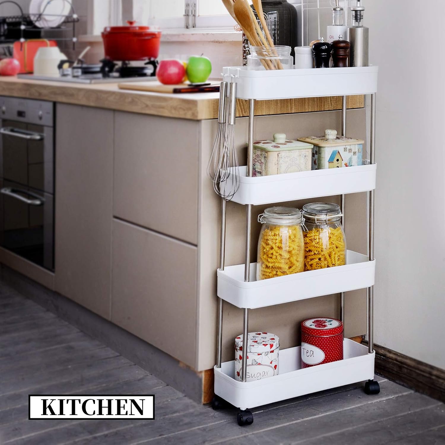 LeFroom 4-Tier Slim Storage Shelf Rolling Organizer Cart with Stainless Steel and ABS Material for Kitchen Bathroom Laundry Room Narrow Places, 5.8-inch Narrow Bezel Design