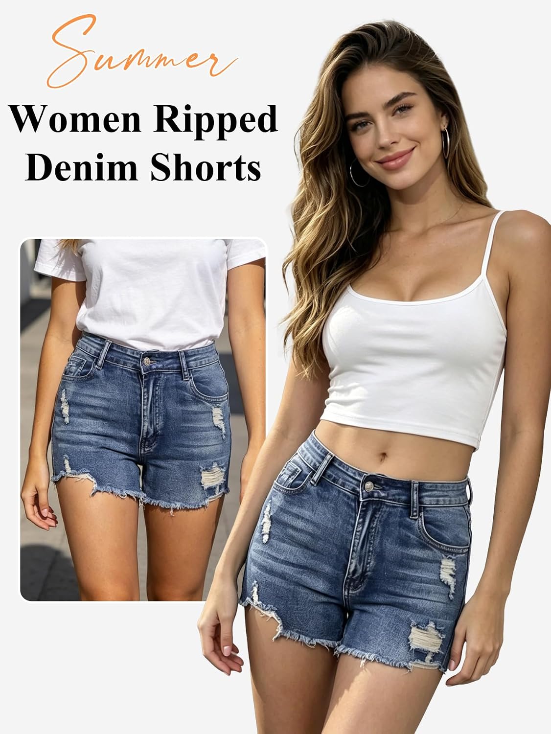 Ripped Jean Shorts for Women, High Waisted Denim Shorts with Pockets, Stretchy Distressed Summer Short
