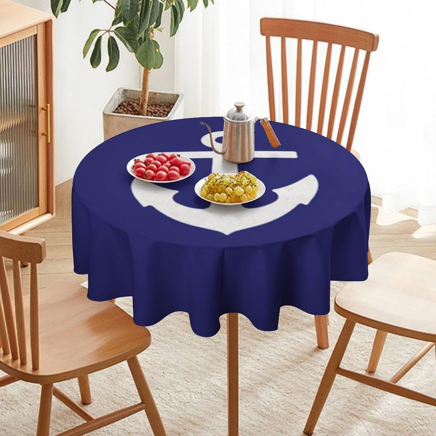 Round Table Cloth, Navy Blue Anchor Tablecloth Washable Dinng Table Covers Decorative for Kitchen & Table Linens 50" x 50"