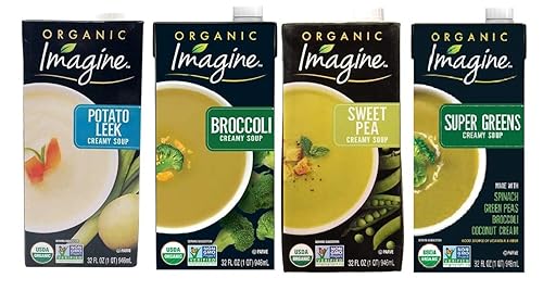 Imagine Organic Soup Variety Pack Puerro cremoso de patata, brócoli, guisantes dulces, súper verdes, 32 onzas (paquete de 4) L8
