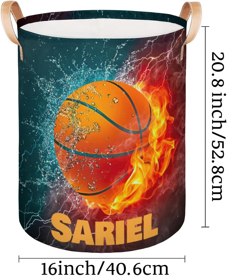 Basketball Laundry Hamper, Personalized Laundry Basket Custom Name Dirty Clothes Storage Basket with Handles, Foldable Waterproof for Bathroom Bedrooms, Collapsible Storage Baskets for Pet Dog