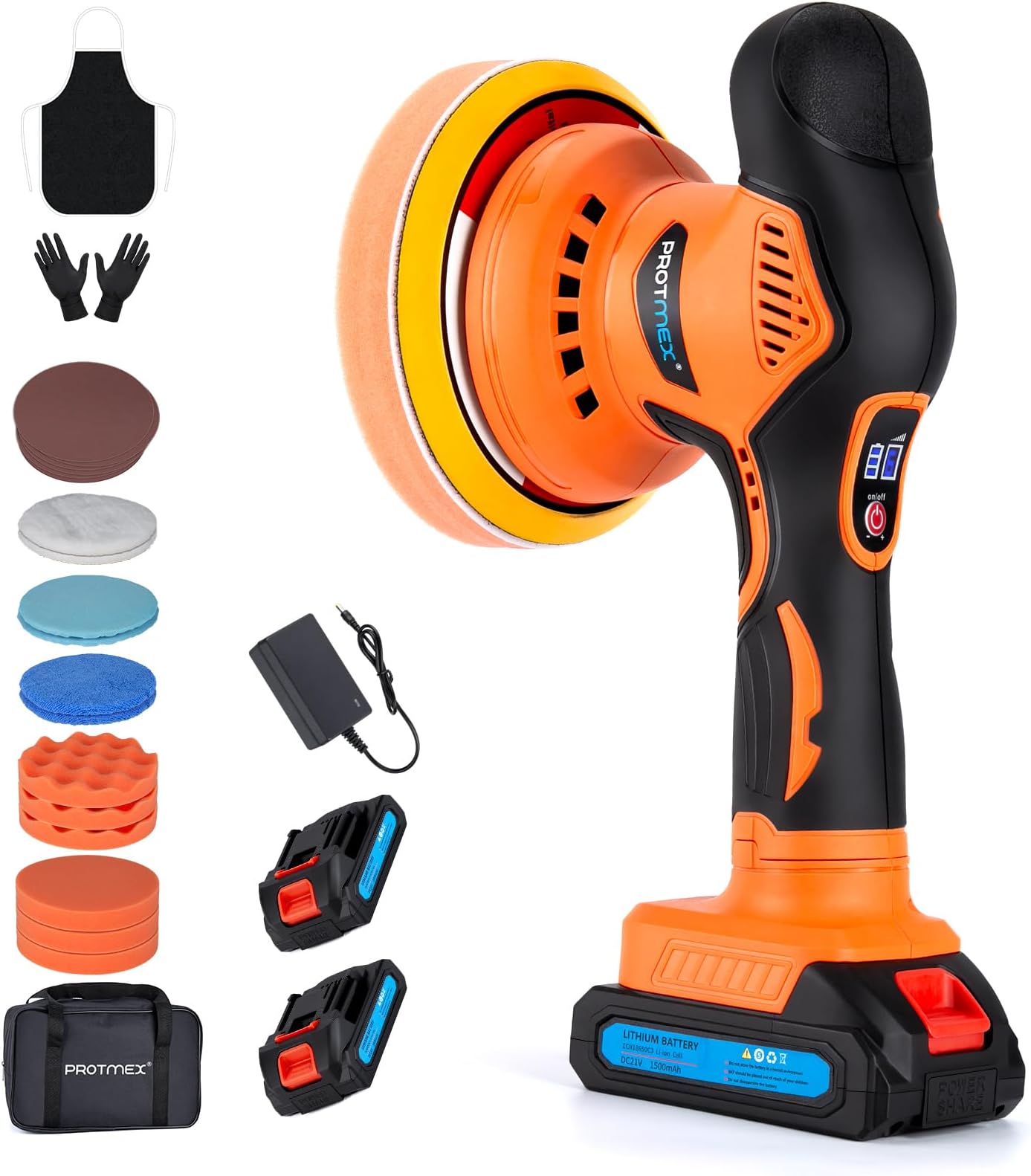 Protmex Cordless Car Buffer Polisher w/ 2x2000mAh 21V Batteries, 6 Inch Car Buffer Waxer Kit, Car Polishing Machine w/Extra 18 PCS Attachments & 6 Variable Speed