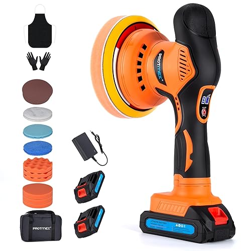 Protmex Cordless Car Buffer Polisher w/ 2x2000mAh 21V Batteries, 6 Inch Car Buffer Waxer Kit, Car Polishing Machine w/Extra 18 PCS Attachments & 6 Variable Speed