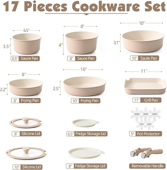 SENSARTE 17 Piece Ceramic Detachable Handle Pots and Pans Set Almond Beige