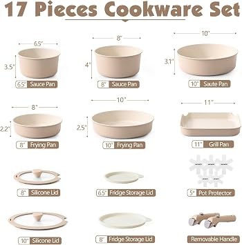 SENSARTE 17 Piece Ceramic Detachable Handle Pots and Pans Set Almond Beige