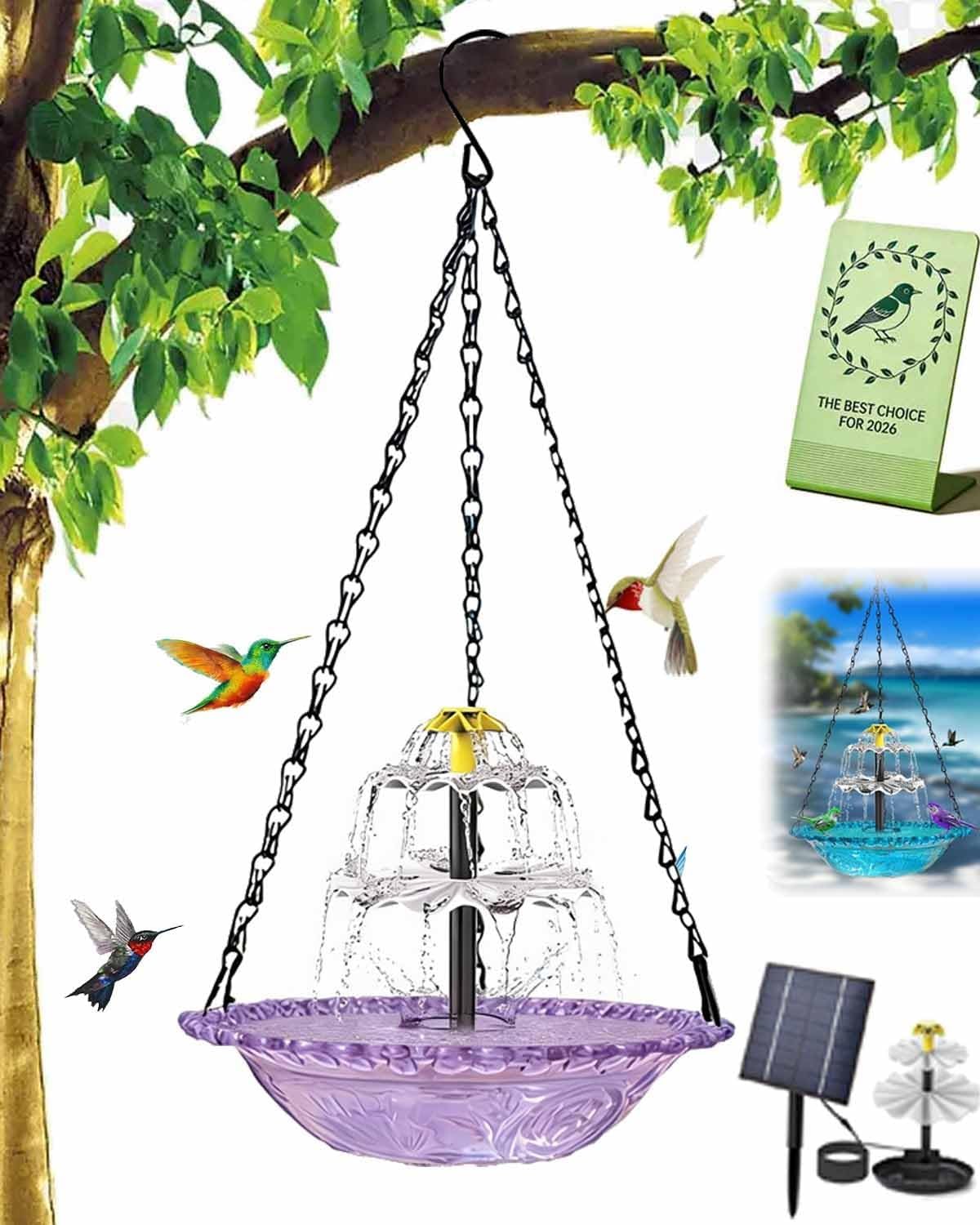 Hanging Bird Bath Fountain 3 Layers, 9.84''W Cascade Glass Water Bowl with Solar Powered Pump, Birdbath Attracts Hummingbirds & Garden Birds for Outdoors Garden Patio Backyard Lawn Decor(Blue)