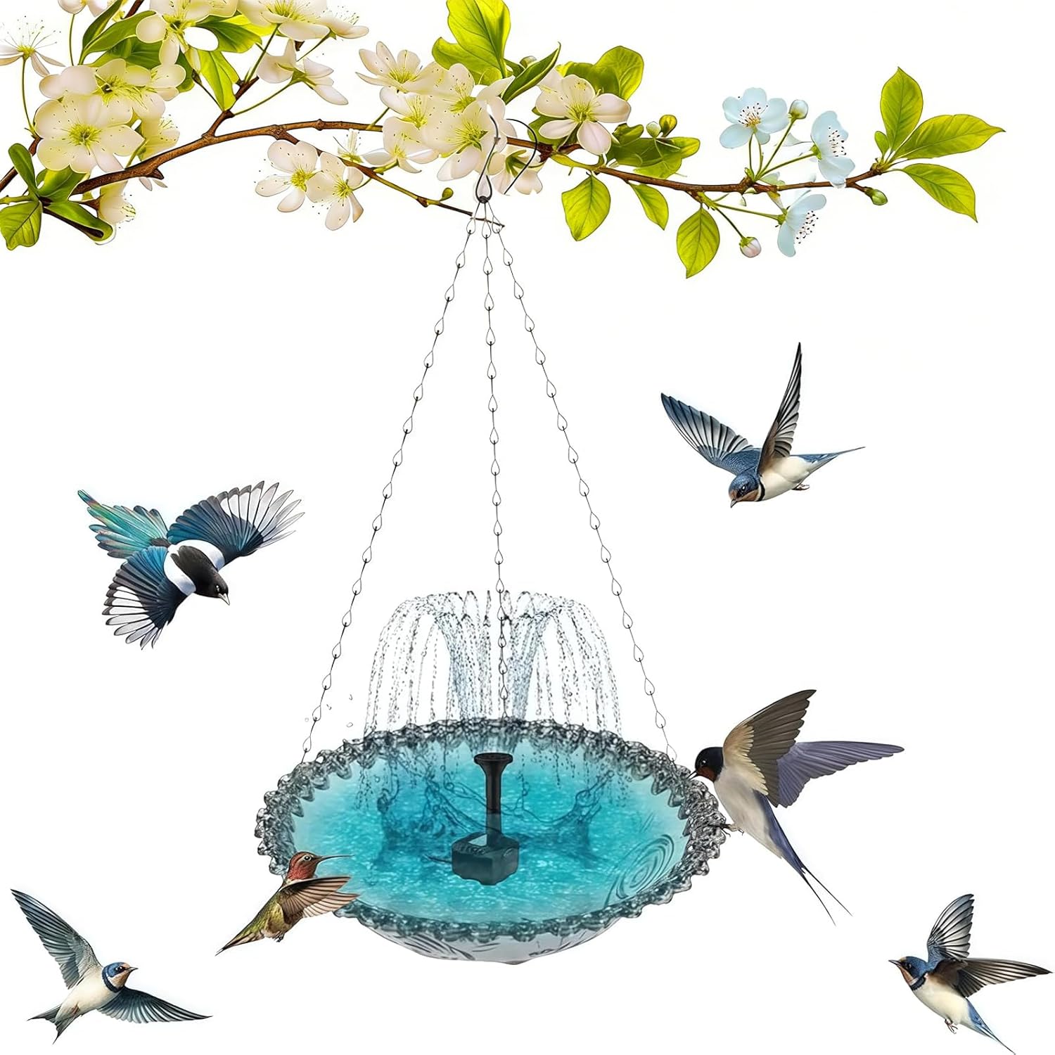 Solar Cascade Hanging Bird Bath Fountain - Solar Powered Birdbath Water Fountain Pumps Dispenser Outdoors Decor, Hanging Hummingbird Bird Shower Bath Kit with Flowing Water (Single - Black)