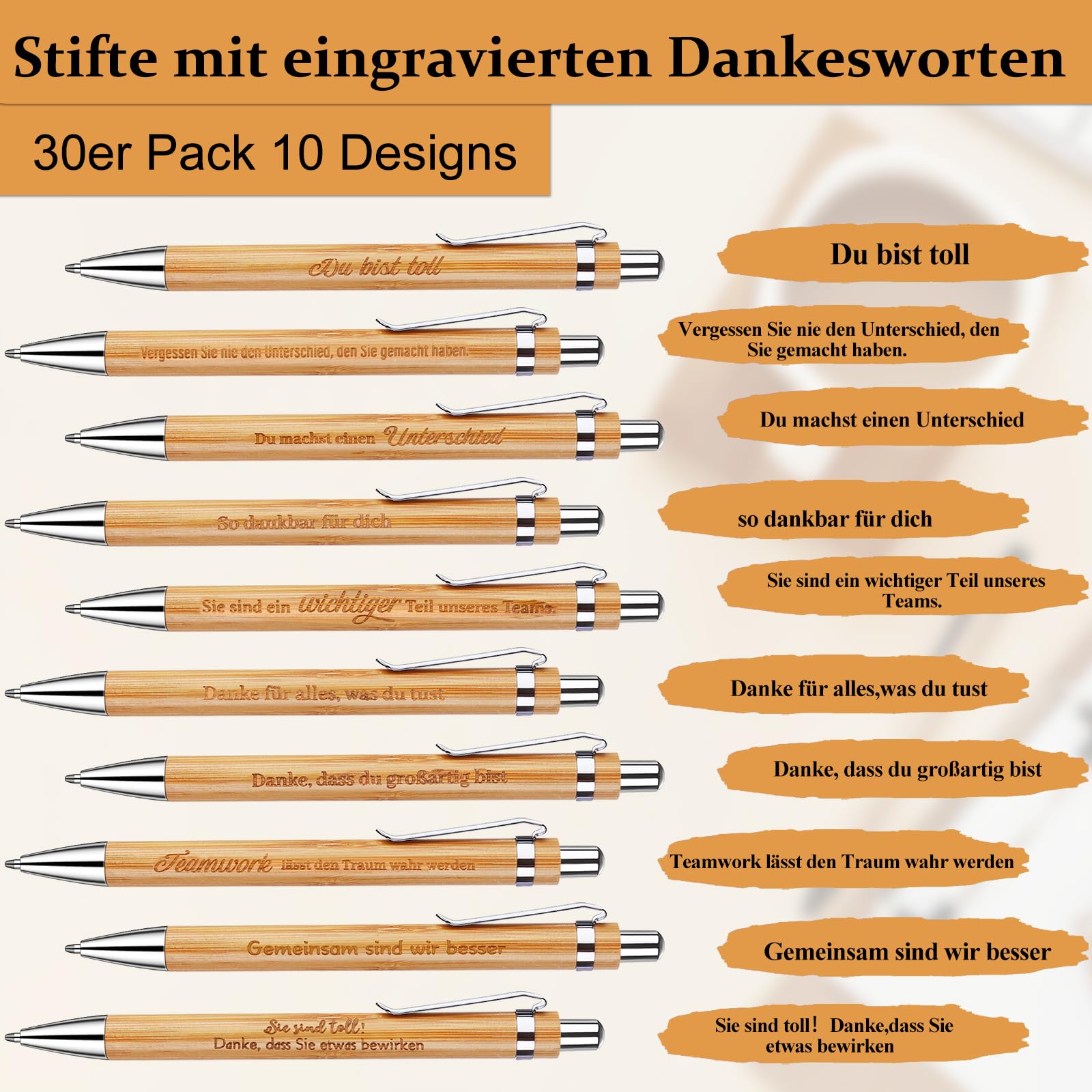 8-teiliges Dankeschön-Stift-Set Mit Bambus-Kugelschreibern & Motivationskarten – Perfekt Für Mitarbeiter, Lehrer & Kollegen