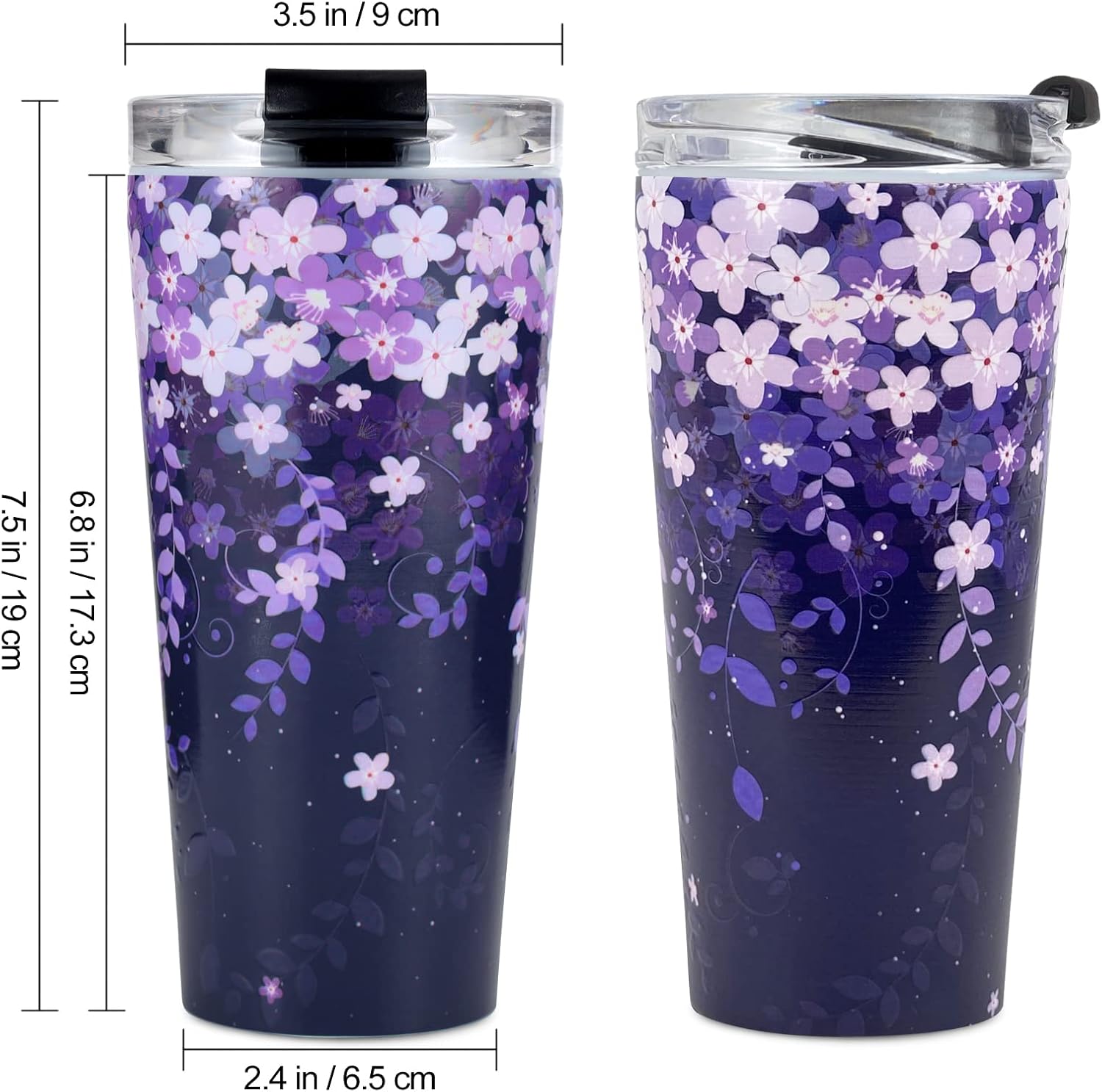 24oz Portable Vacuum Insulated Stainless Steel Tumbler with Leak-proof Lid and Straws, Beverage Tumbler Cup, Floral Designed Travel Coffee Mug, Purple blossoms - Image 2